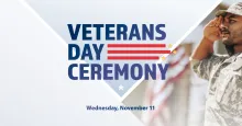 Veterans Day Ceremony graphic, saluting soldier silhouette at sunset.