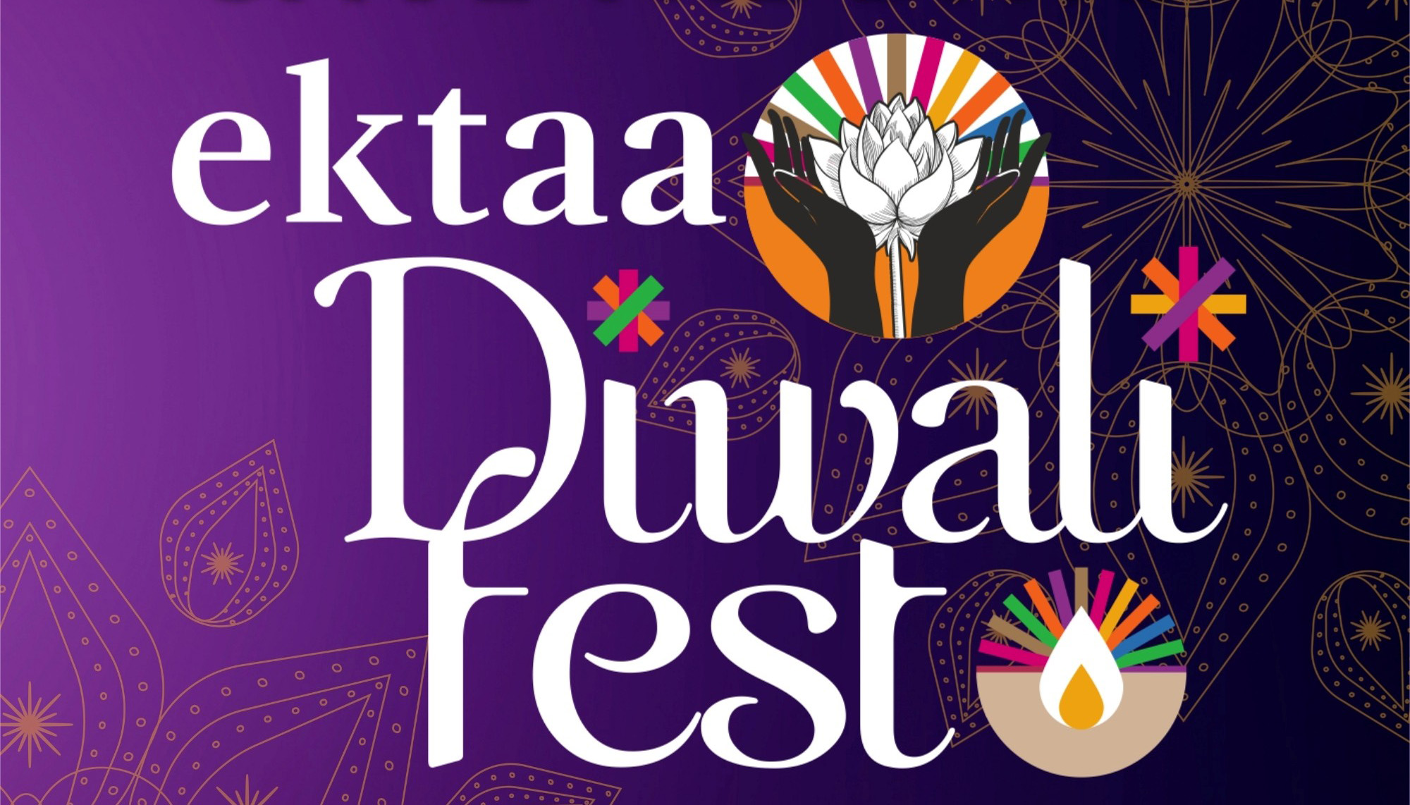 Graphic: 'ektaa Diwali fest' text, lotus in hands, and a colorful diya, all on purple.