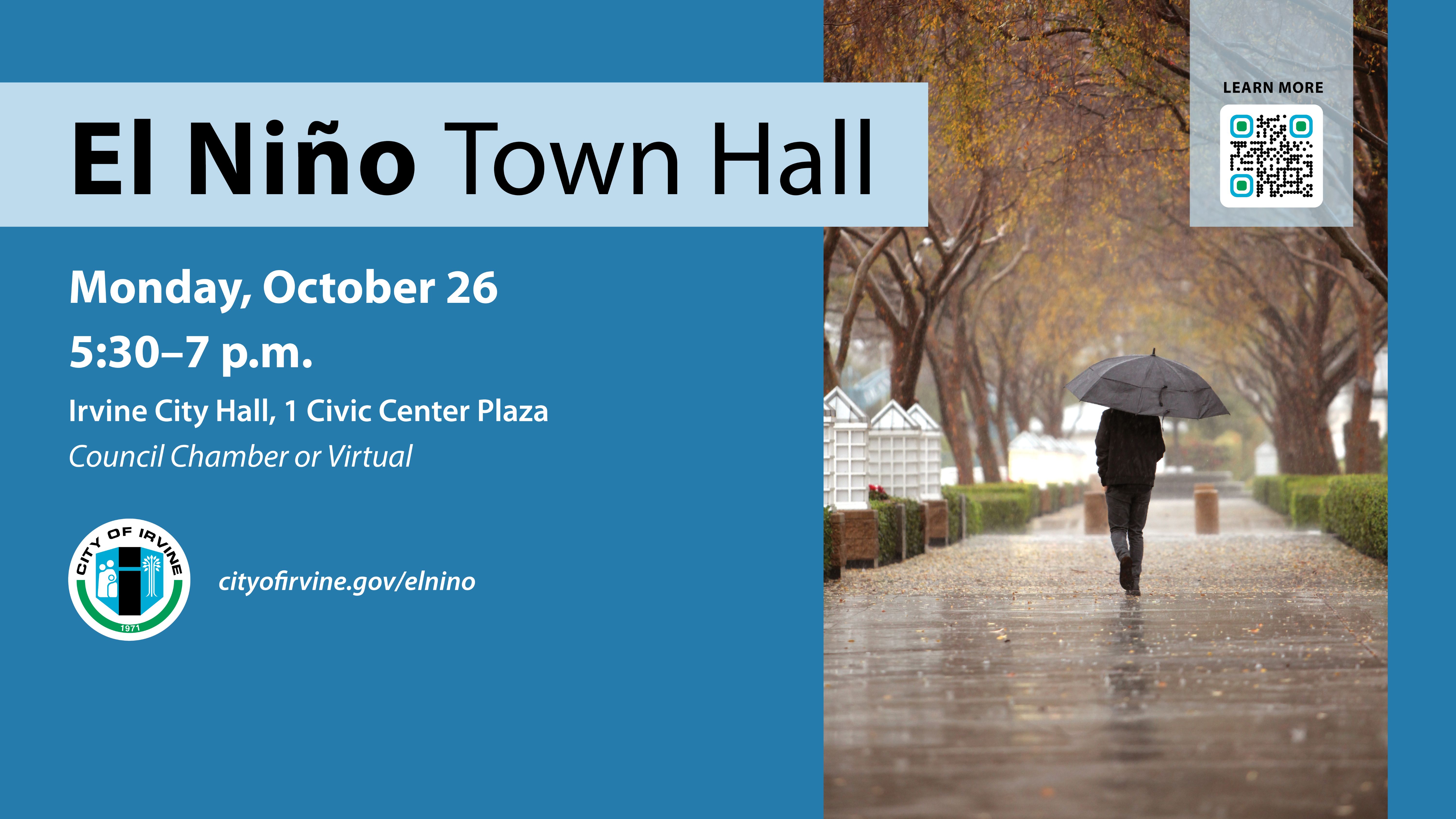 Graphic: El Niño Town Hall announcement. Person with umbrella walks on a wet path.