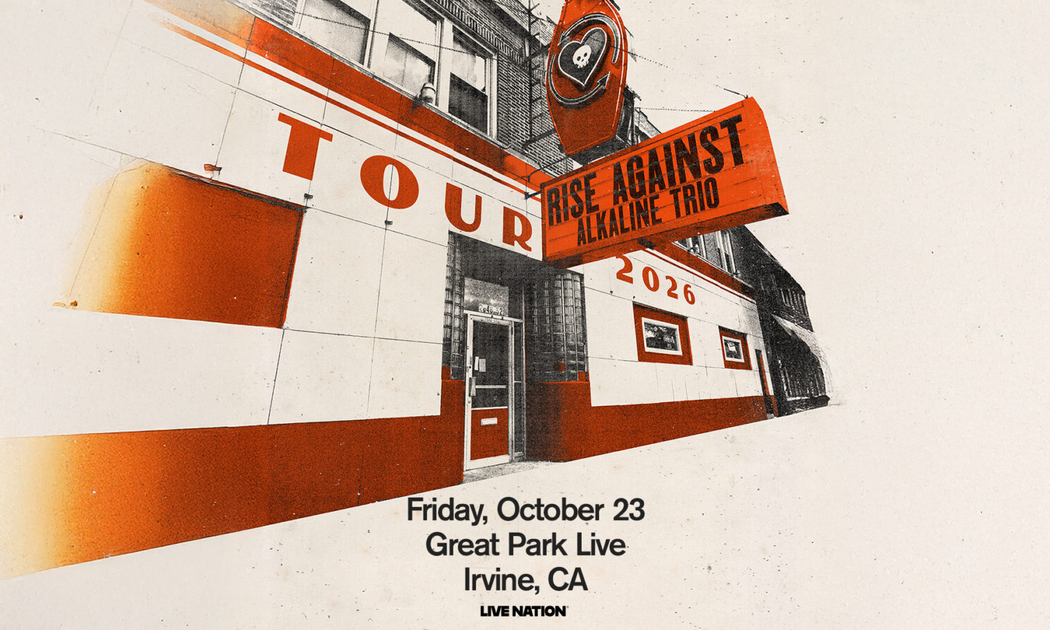 Graphic of a red and cream building with "TOUR" and "RISE AGAINST 2020" signs.