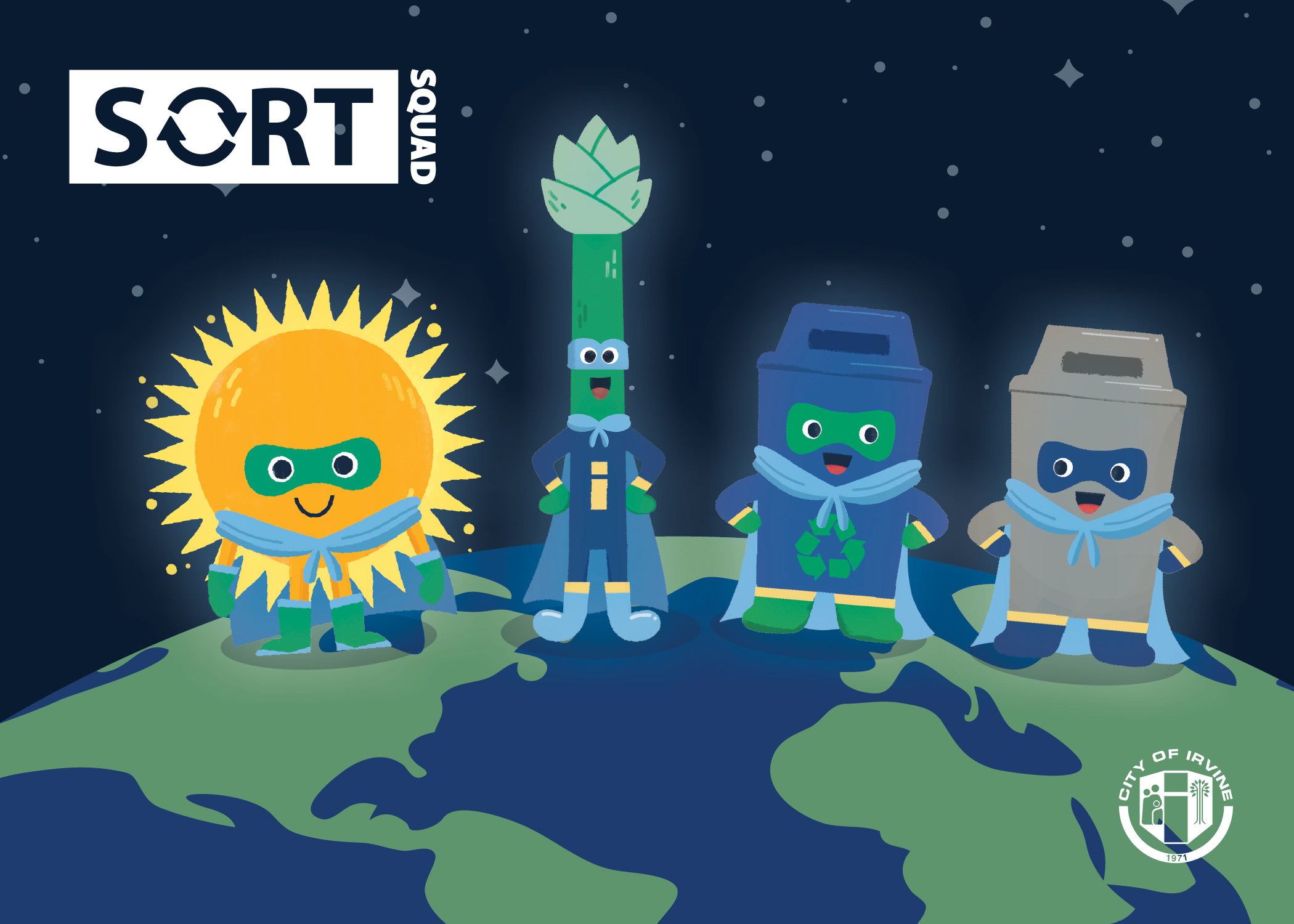 Graphic of four glowing eco-superheroes (sun, asparagus, recycling, trash) standing on Earth.