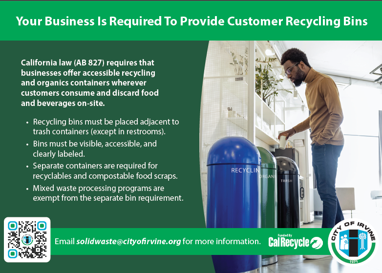 Post card detailing law AB 827 where a person is deciding which bin to put their waste in between the recycling, green waste, and trash bins. 