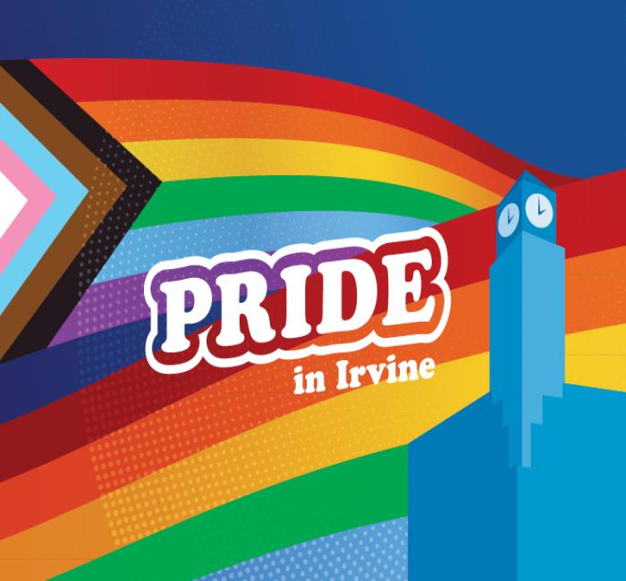 Graphic: Progress Pride flag colors, "PRIDE in Irvine" text, and a blue clock tower.