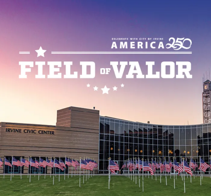  Photograph of Civic Center; Cultural Center, American flags, and 'America 250 Field of Valor' graphic.
