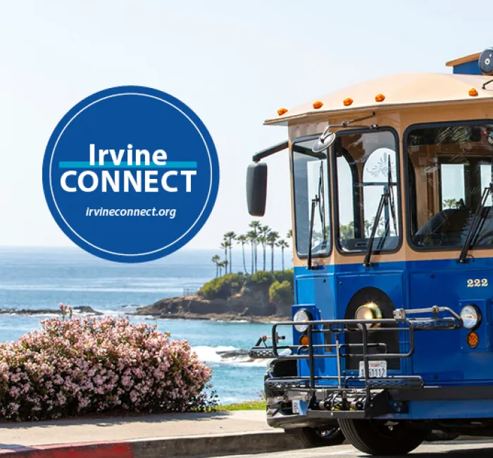 Irvine CONNECT Logo next to a shuttle in Laguna Beach