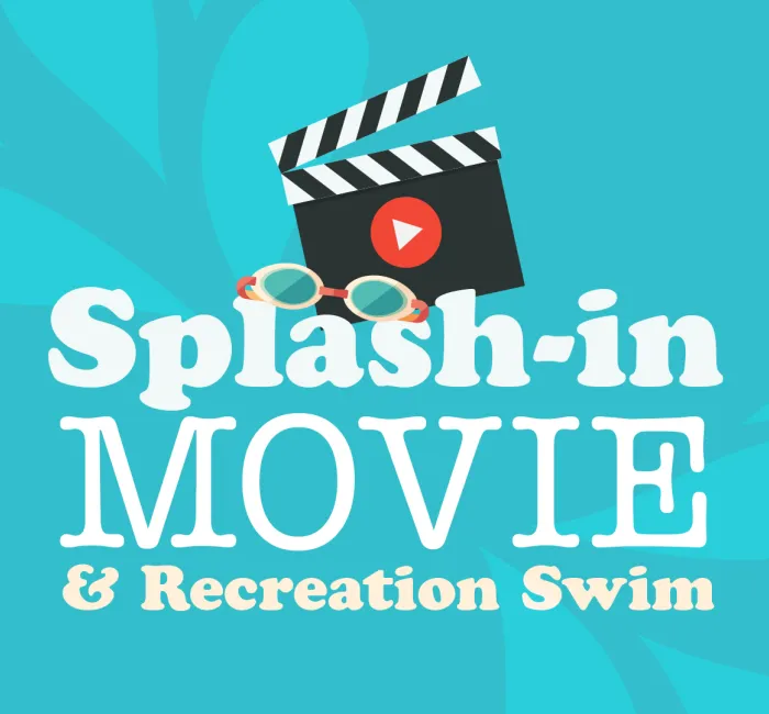 Logo: Splash-in MOVIE &amp; Recreation Swim with a clapperboard and sunglasses.