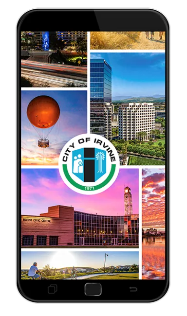 Smartphone displays City of Irvine logo centered on a collage of local photos.