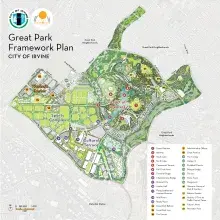 Map: Great Park Framework Plan, City of Irvine, showing park and urban zones.