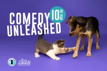 Graphic: Kitten bats at dog's paw. Text: Comedy Unleashed 10th Year.