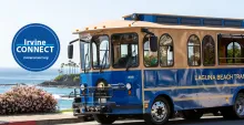 Irvine CONNECT Logo next to a shuttle in Laguna Beach