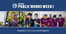 National Public Works Week banner: Girl in helmet on vehicle, two boys, and group of smiling adults.