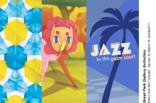 Graphic: Abstract pattern, cartoon figure with pink hair, blue panel with 'JAZZ' text and palm tree.
