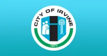 City of Irvine flag: light blue, central logo with family, tree, and "CITY OF IRVINE 1971".