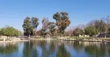 Sunny park with a reflective pond, many trees, and a white gazebo.