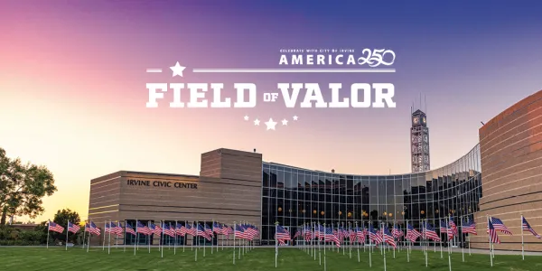 Photograph of Civic Center; Cultural Center, American flags, and 'America 250 Field of Valor' graphic.