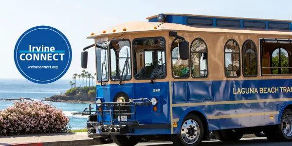 Irvine CONNECT Logo next to a shuttle in Laguna Beach