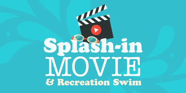 Logo: Splash-in MOVIE &amp; Recreation Swim with a clapperboard and sunglasses.