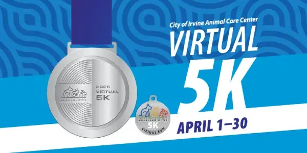Graphic: Silver medal with blue ribbon, promoting City of Irvine Virtual 5K, April 1-30.