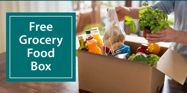 Stock image of women unloading food from box with "free grocery food box" text displayed on the graphic.