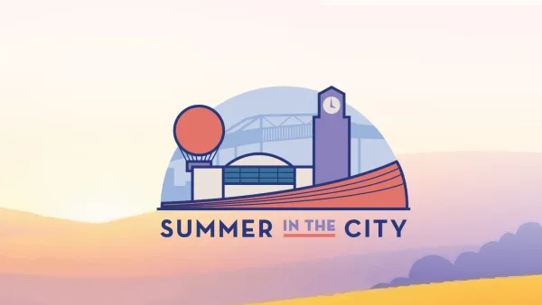 Graphic: Warm-toned layered hills and Summer in the City logo with stylized buildings.