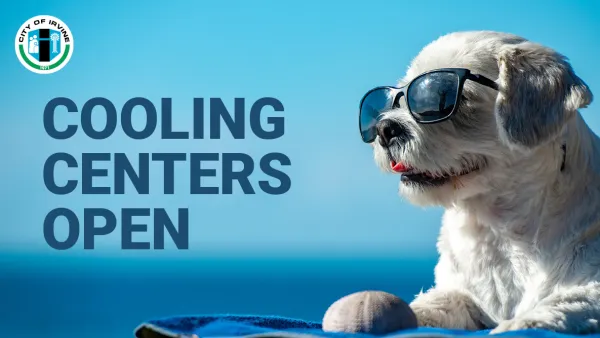 Photograph: White dog in sunglasses on a blue background. Text: Cooling Centers Open