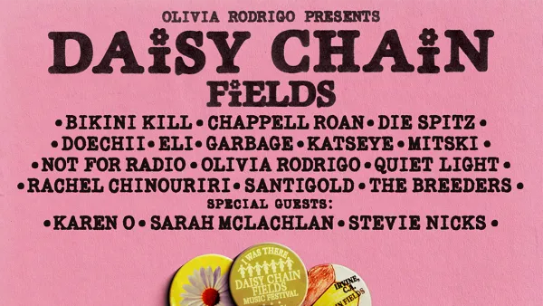 Graphic poster for Daisy Chain Fields music festival with artist lineup and colorful pins.