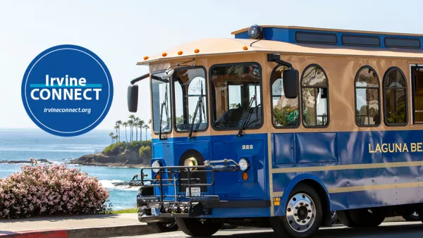 Irvine CONNECT Logo next to a shuttle in Laguna Beach