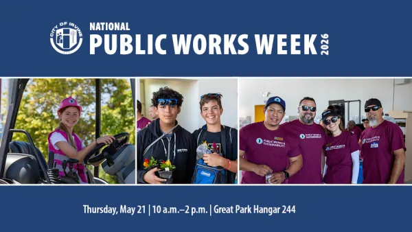 National Public Works Week banner: Girl in helmet on vehicle, two boys, and group of smiling adults.