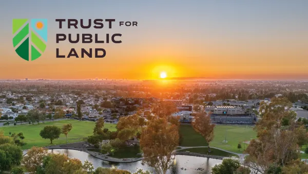 Trust for Public Land logo. Irvine ranked #2 Park System in the Nation; sunset over park.