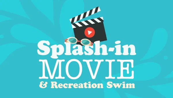 Logo: Splash-in MOVIE &amp; Recreation Swim with a clapperboard and sunglasses.