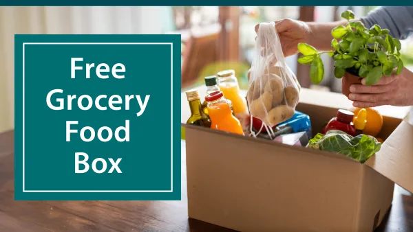Stock image of women unloading food from box with "free grocery food box" text displayed on the graphic.