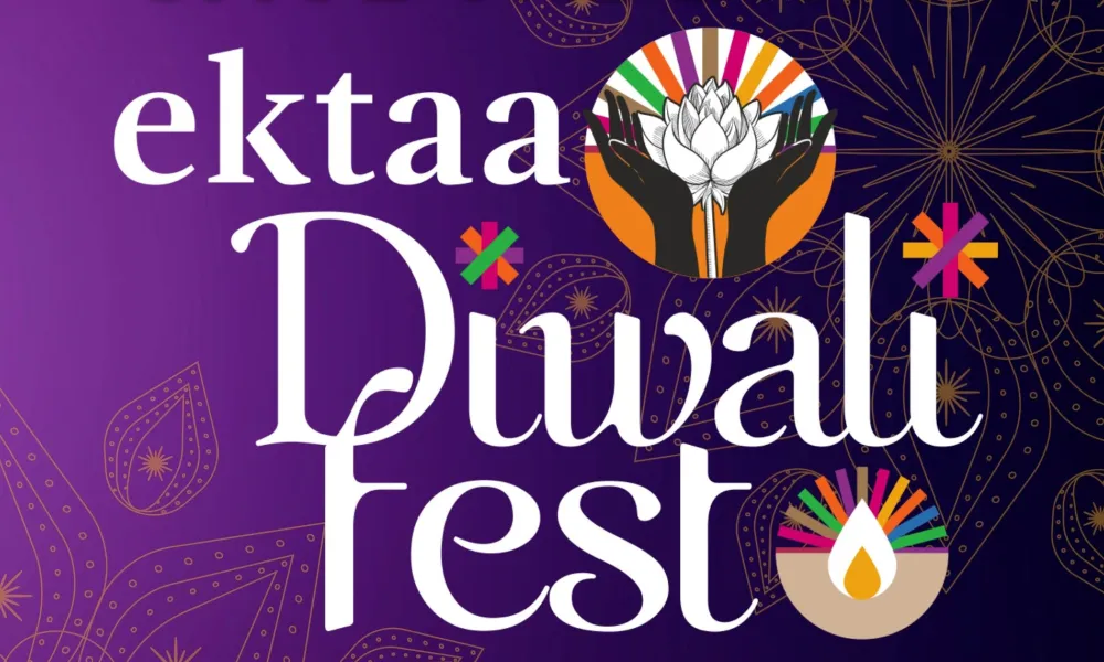 Graphic: 'ektaa Diwali fest' text, lotus in hands, and a colorful diya, all on purple.