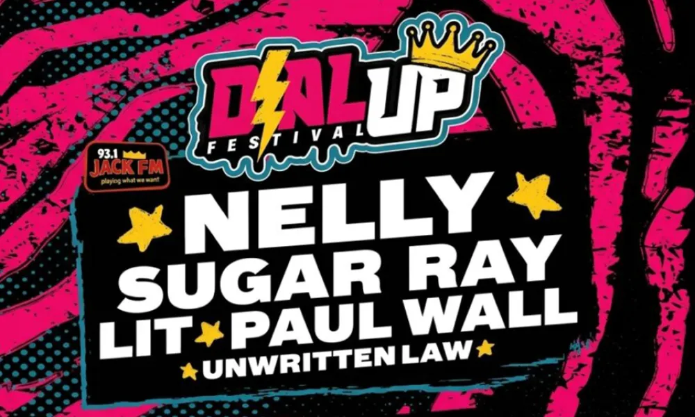 Dial Up Festival graphic with Nelly, Sugar Ray, Lit, Paul Wall, Unwritten Law on pink/black background.