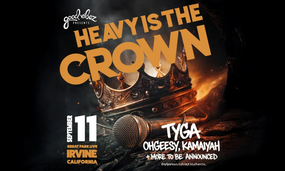 Graphic flyer for 'Heavy Is The Crown' concert with a gold crown, microphone, and fire.