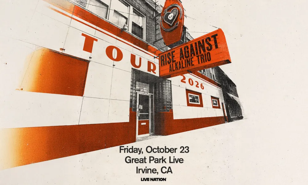 Graphic of a red and cream building with "TOUR" and "RISE AGAINST 2020" signs.