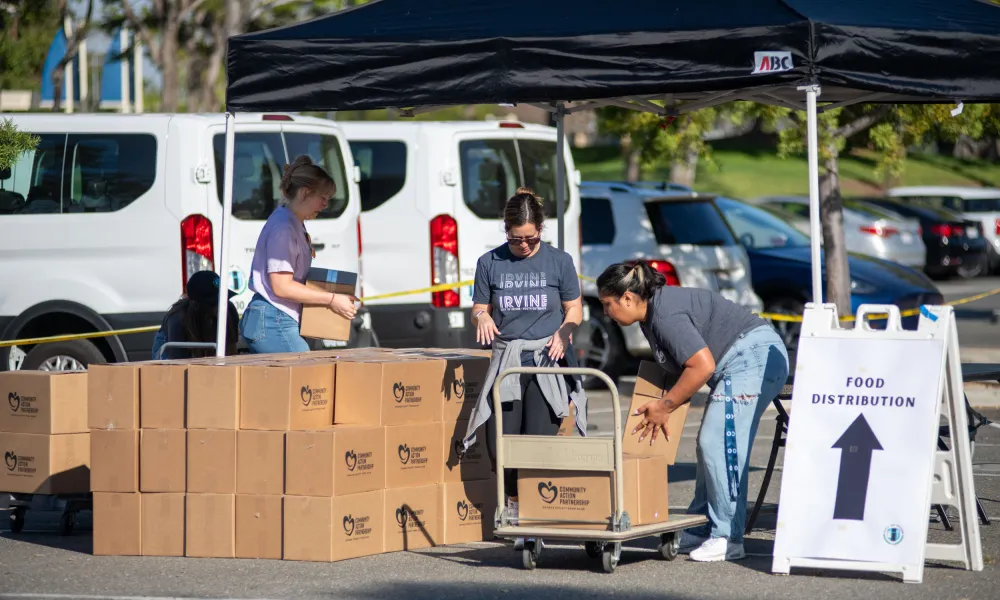 Three people move stacks of cardboard boxes under a black tent in a parking lot.
