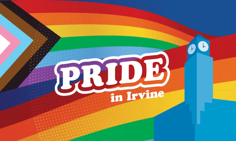 Graphic with Progress Pride flag, "PRIDE in Irvine" text, and a blue clock tower.