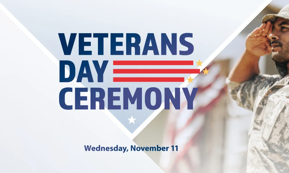 Veterans Day Ceremony graphic, saluting soldier silhouette at sunset.