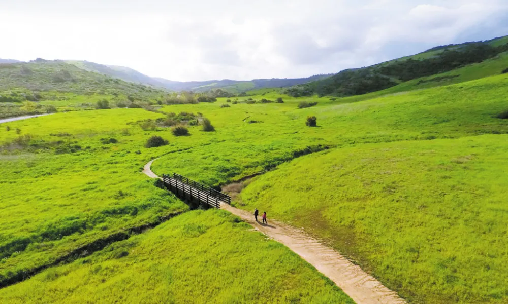 A dirt path winds through bright green hills to a small wooden bridge with two people walking.