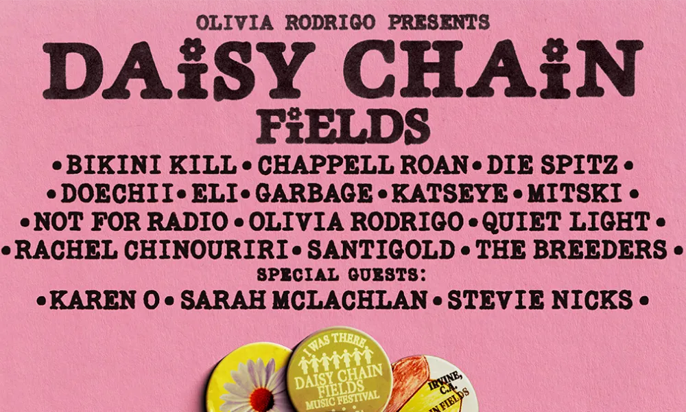 Graphic poster for Daisy Chain Fields music festival with artist lineup and colorful pins.