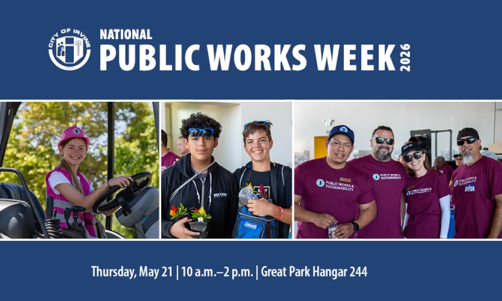 National Public Works Week banner: Girl in helmet on vehicle, two boys, and group of smiling adults.