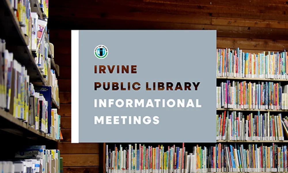Irvine Public Library Informational Meetings with shelves of books 