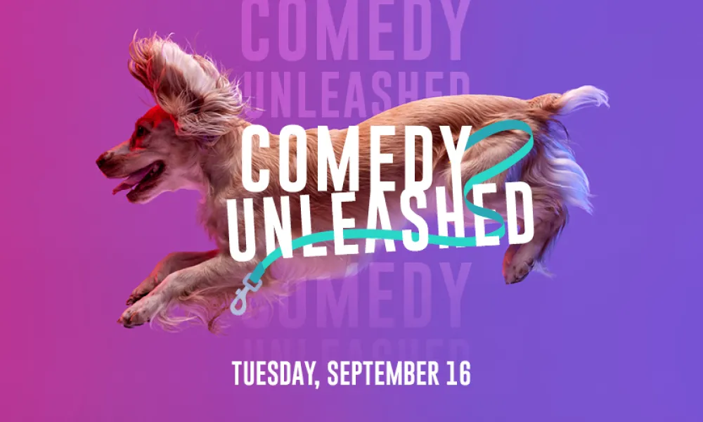 Graphic featuring an energetic brown dog running over "Comedy Unleashed" text on a purple gradient.