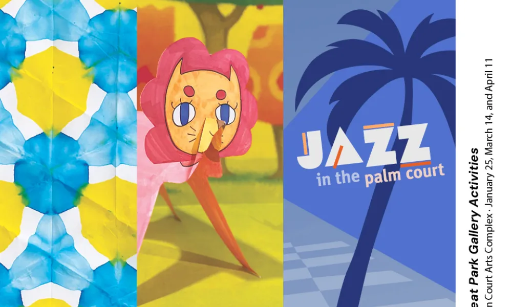Graphic: Abstract pattern, cartoon figure with pink hair, blue panel with 'JAZZ' text and palm tree.
