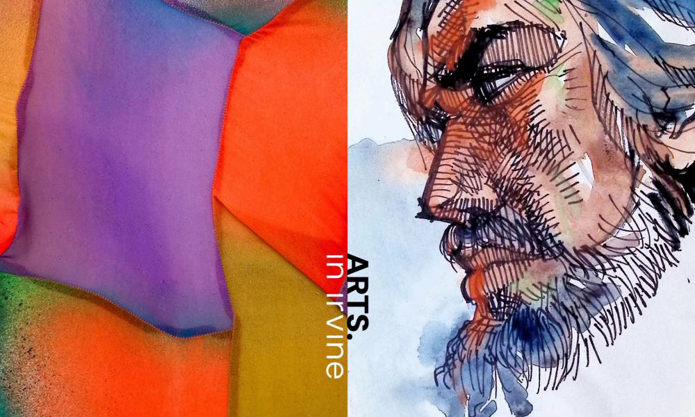 Collage of artwork. One image features red, purple, green and yellow in an abstract pattern. The second image is an illustration of a bearded man.