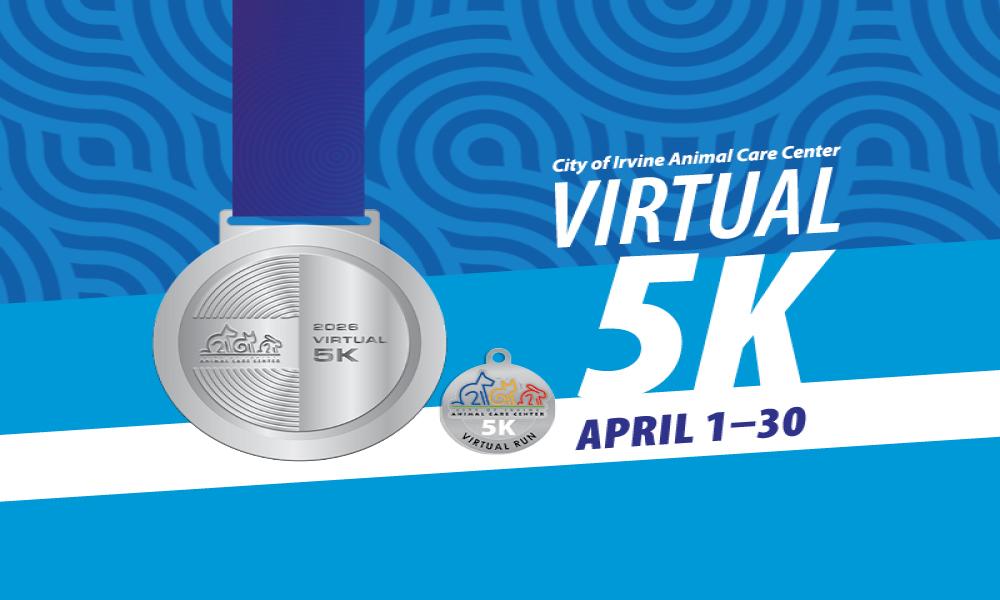 Graphic: Silver medal with blue ribbon, promoting City of Irvine Virtual 5K, April 1-30.