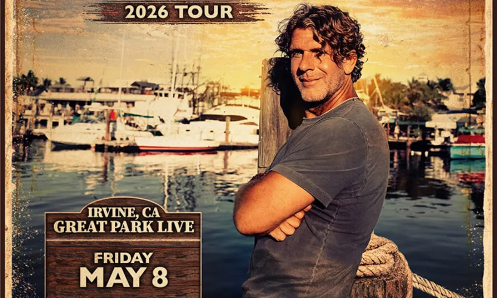 Graphic: Billy Currington concert poster. He smiles, leaning on a post, with a sunny marina.