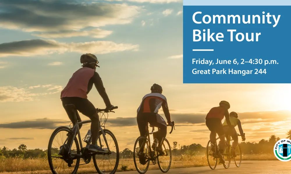 Four cyclists riding on a bike bath as the sun sets. Community Bike Tour Friday, June 6