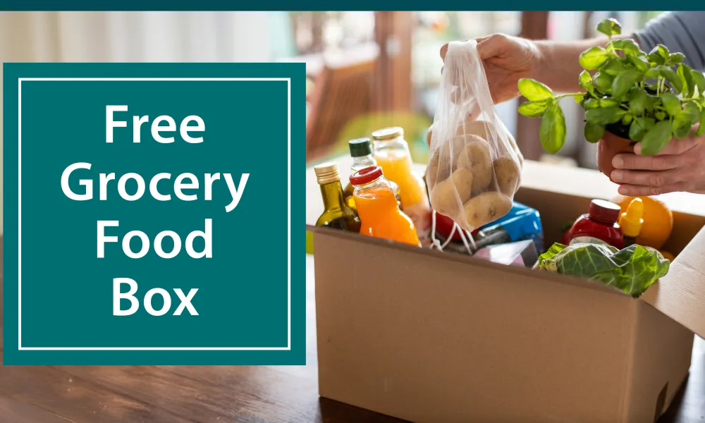 Stock image of women unloading food from box with "free grocery food box" text displayed on the graphic.