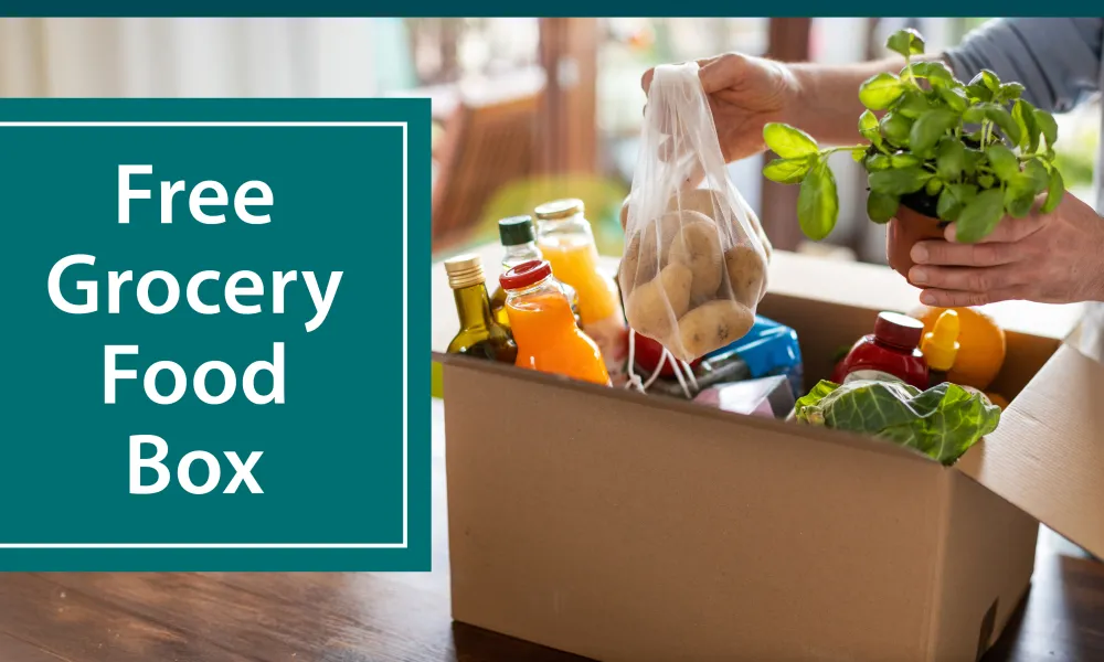 Free Grocery Food Box - a person pulling food out of a brown box
